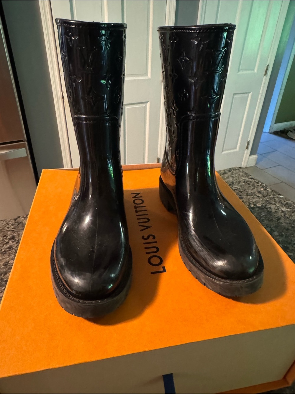 Louis Vuitton Black Gloss Monogram Rain Boots